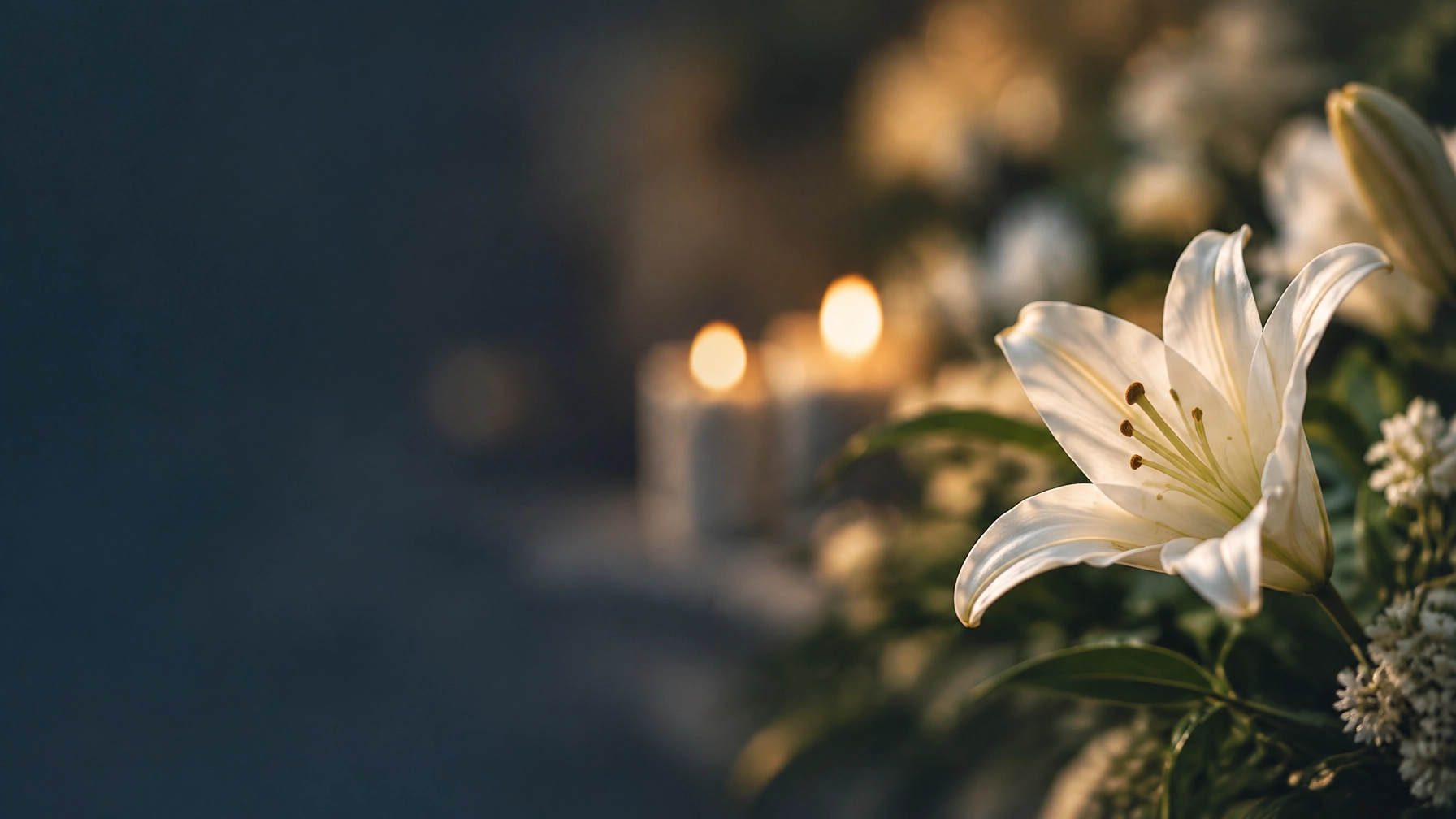 A white lily in warm candlelight